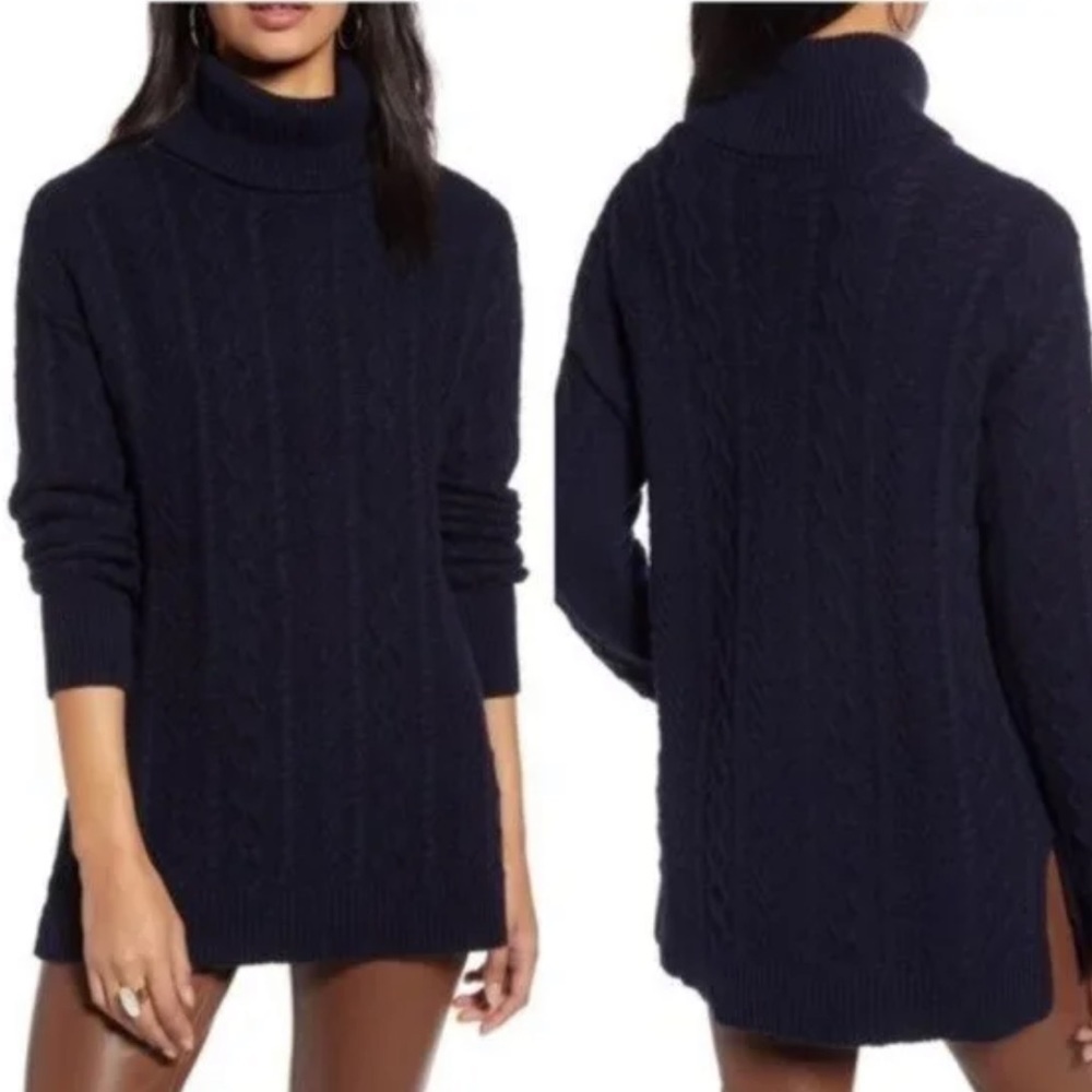Halogen wool blend Cable Knit Blue Cowl Neck Sweater XS petite